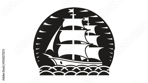 Black stylized ship sails across white waves in a simple and striking monochromatic scene