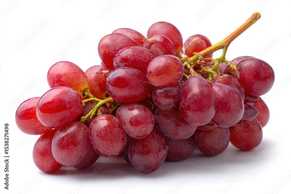 Fototapeta premium A bunch of red grapes clustered together with a small stem visible on a white background