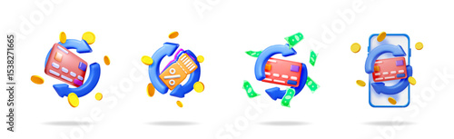 3d plastic set cashback, refund, money back, financial exchange concept. Credit card, mobile phone, cash banknote, coin, voucher icon. Stock vector set collection.