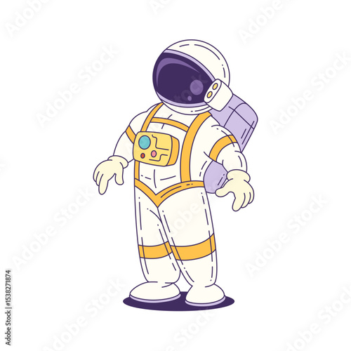 Mascot astronaut in cartoon style wearing a white suit with yellow details and helmet, standing isolated and prepared for space exploration. Perfect for educational use. Vector illustration