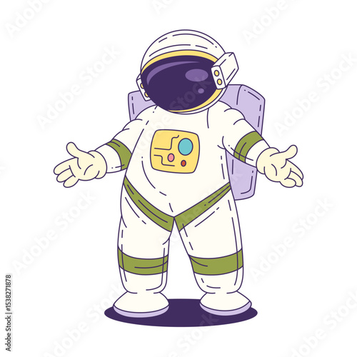 Cartoon astronaut mascot in a white suit with a jetpack standing with arms open, perfect for educational and science-themed designs. Vector mascot illustration.
