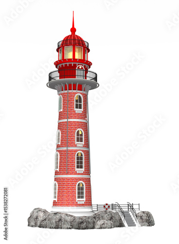 3d roter Leuchtturm aus Ziegel mit Eingangsbereich auf  Felsen, Klippen ohne Hintergrund, freigestellt