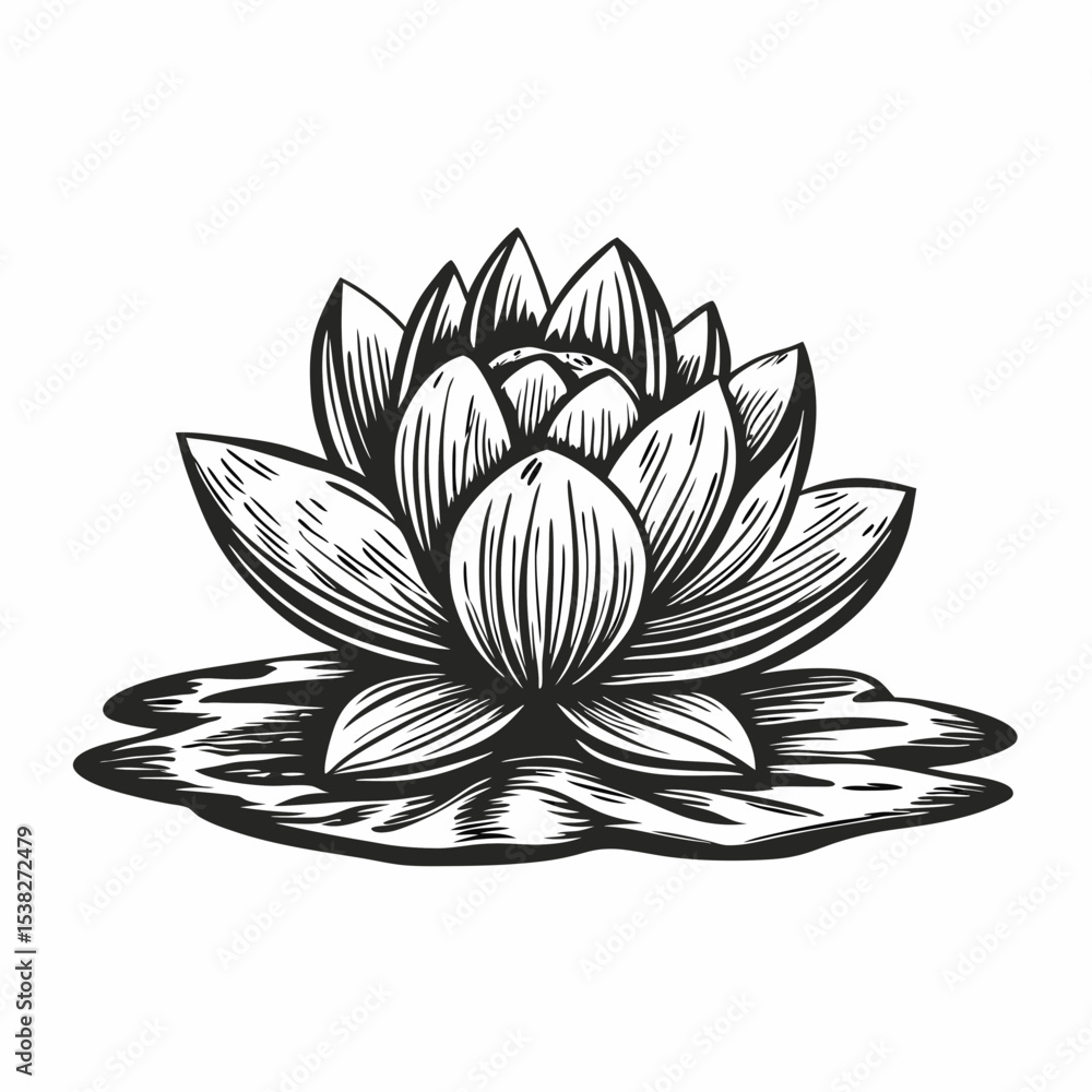 Fototapeta premium Elegant lotus flower on water. Detailed drawing of water lily on pad. Exquisite monochrome illustration of blooming lotus for spa brochures or meditation posters.