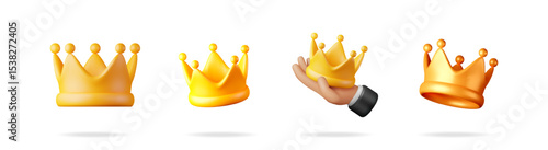 Golden crown collection 3d vector set. Royalty and success concept. Achievement and winner symbol. Award and prize icon.