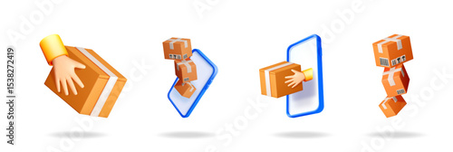 Online delivery service. Hand with a postal box. Product shipping mobile application in smartphone. Digital order fulfillment.
