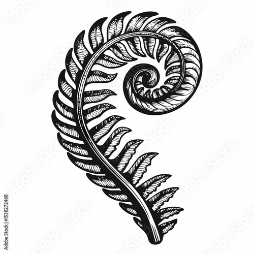 Curled fern leaf design element. Detailed fern frond illustration with spiral curl. Elegant fern leaf graphic for botanical prints, logo design, and nature-themed projects.