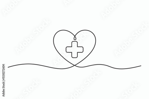 Continuous line drawing heart with medical cross