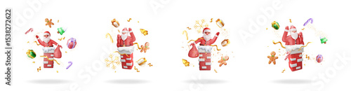 Jolly Santa Claus character descending chimney with gifts and confetti. Holiday season concept for a Merry Christmas greeting card.