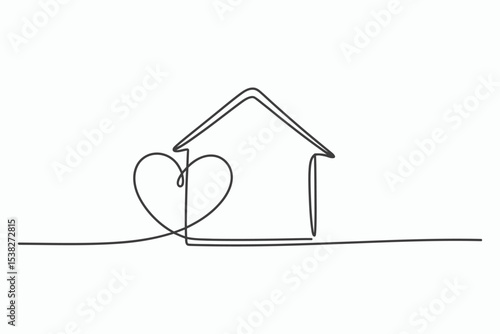 One line drawing house with heart home sweet home