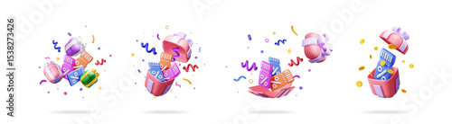 3D vector illustration set of gift box with discount coupon jumping out of a box. Sales, bonus, and surprising rewards concept.