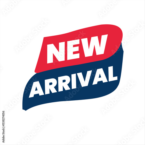 Ribbon Banner Highlighting New Arrival Text with Abstract Shapes in a Geometric Style. Red and Blue Editable Banner.