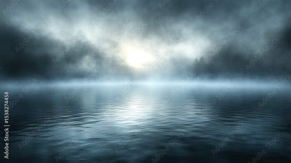Foggy lake sunset, dark forest background, atmospheric mood Foggy lake sunset, dark forest background, atmospheric mood