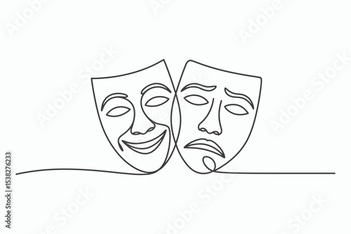 Happy and sad masks continuous line art drawing