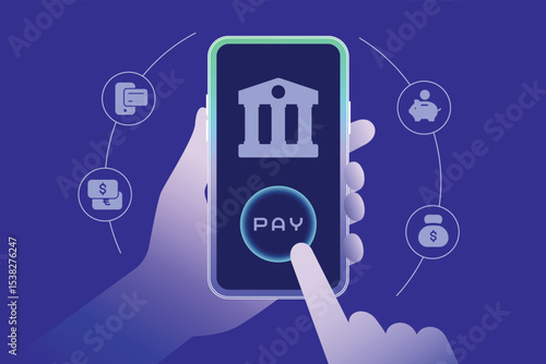 Hand using smartphone, push button to pay money via mobile app. Virtual payment, digital banking and online shopping, fintech in futuristic illustration vector and finance icons innovation technology.
