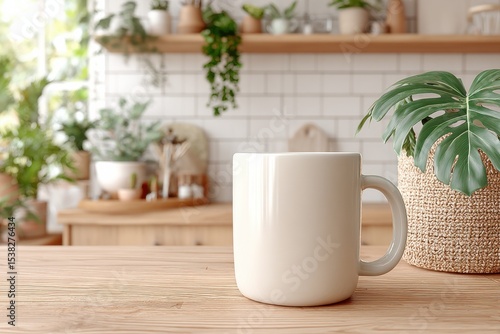 Wallpaper Mural Mug on Wooden Table in Bright Kitchen With Plants, Representing a Moment of Calm and Refreshment for Lifestyle Marketing : Generative AI Torontodigital.ca