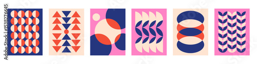 Set of Abstract vertical geometric backgrounds with colorful shapes and forms. Pink, red, beige and blue colors. Trendy vector illustration in style retro	