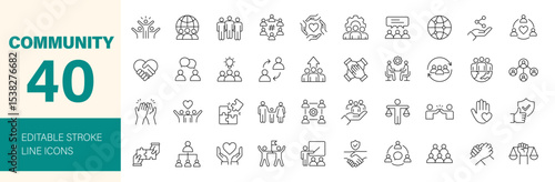 Community icon set. Containing friendship, relationship, social, diversity, people, family, love, networking, trust, neighborhood, belonging and more. Editable line icons. Vector illustration.
