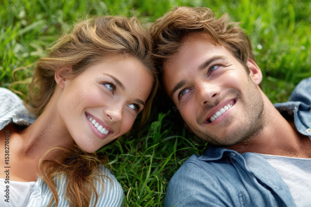 Fototapeta premium Couple enjoying a sunny day on the grass while smiling at each other in a park