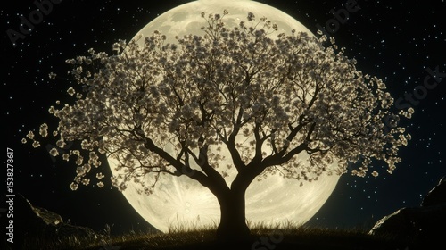 A serene blossom tree silhouetted against a mystic moonlit night whispering secrets to the stars