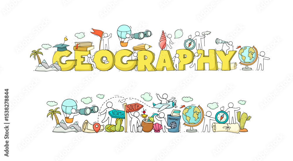 Fototapeta premium Doodle banners of geography, school science education. Sketch banner and icons of world travel with map, compass, globe and people on train, airplane and car, vector hand drawn illustration