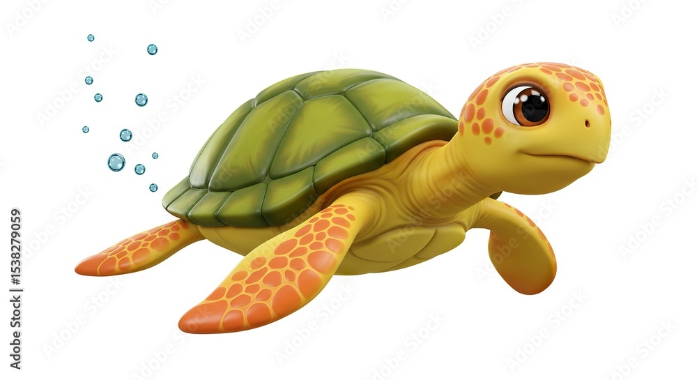 Obraz premium A cartoon turtle floats green shell and yellow skin dotted with orange accompanied by bubbles