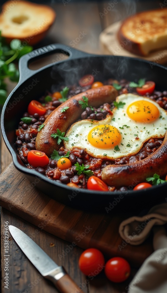 Two fried eggs and sausages on rustic wooden table Two fried eggs and sausages on rustic wooden table