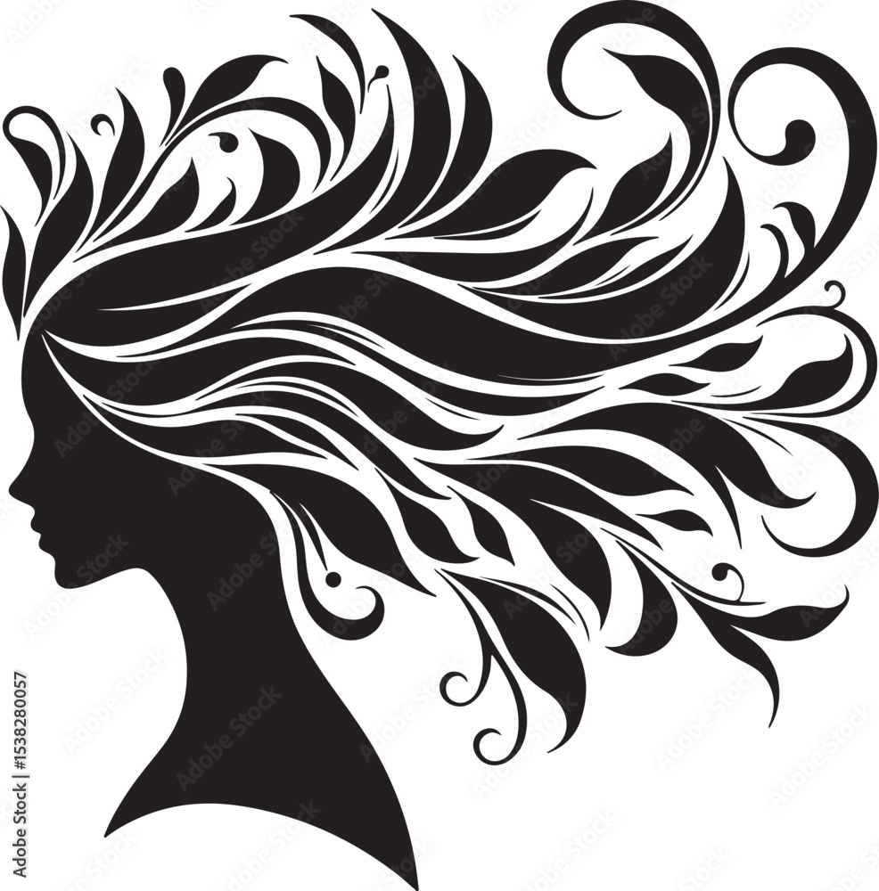 Fototapeta premium Botanical Hair Silhouette of a Woman | Nature & Beauty Vector Art Elegant black silhouette of a woman’s profile with flowing floral and botanical hair design. A perfect fusion of nature and femininit 