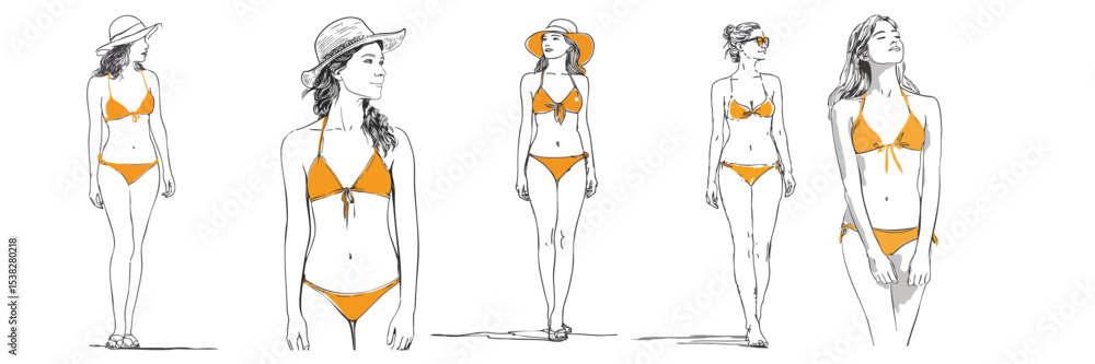 Set of line drawn women in swimwear bikini summer holiday hand drawn style Set of line drawn women in swimwear bikini summer holiday hand drawn style