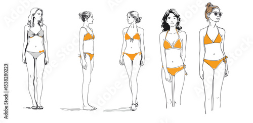 Set of line drawn women in swimwear bikini summer holiday hand drawn style