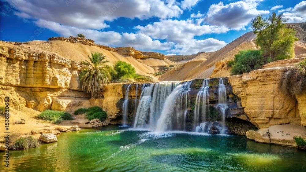 Fototapeta premium Majestic waterfall cascading down a rocky cliff amidst lush greenery and sandy dunes in Wadi El Rayan