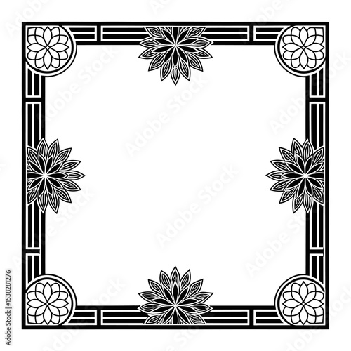 Elegant Ornamental Frame: A sophisticated square frame, embellished with floral motifs at each corner and center, provides a stylish backdrop for any design, combining artistry and timeless allure.