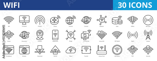 Wifi icon pack collection set for wireless technology networking. With computer, hotspot, router, internet, connection, data, online, connectivity, speed, signal, antenna, broadband, access point