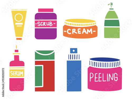 Various beauty objects. Face care concept. Cleansing, moisturizing, treating. Hand drawn vector seamless pattern, ideal for beauty, wellness, and cosmetic branding in digital or print media.