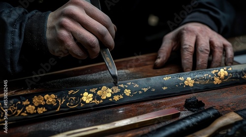 Artisan's hands meticulously engraving gold floral patterns on a dark, textured sword