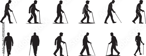 Silhouettes of elderly people walking with canes. eps-10