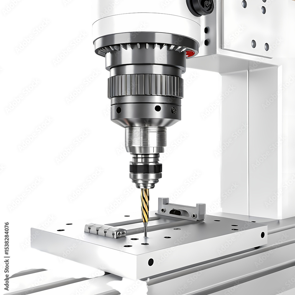 Precision Machining: Close-up of CNC Drill Press in Action Precision Machining: Close-up of CNC Drill Press in Action