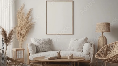Arranging living room with mock-up frame, white sofa, plaid, wooden table, rattan chair, lamp, and personal accessories for home decor template.