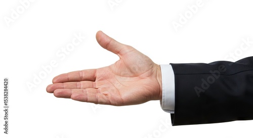 A hand palmup extending from a black suit sleeve with a white cuff against a white background