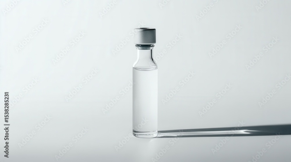 Glass vial with clear liquid on plain white background Glass vial with clear liquid on plain white background