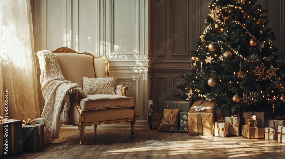 Fototapeta premium Christmas-themed interior room with an empty chair and neutral colors captured in a photo series