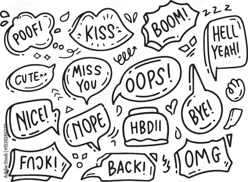  Speech Bubble Doodle Set, Kiss, Boom, Miss You, Nope, Cute Comic Text Icons Vector,