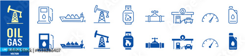 Oil icon set. gas, industry, oil well, fuel, canister, 
tanker, petroleum. editable stroke icons collection illustration vector.