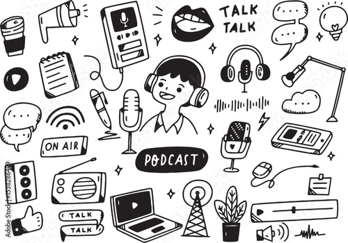 Podcast and Talk Show Doodle Icons, Microphone, Host, Headphones, Radio Vector Sketch Set, Transparent Background