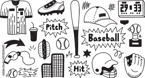 Baseball Doodle Icons Set, Pitch, Bat, Helmet, Glove, Ball, Scoreboard Vector Sketch for Kids,