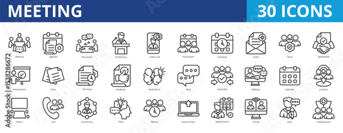 Meeting icon pack collection set with discussion, conference, schedule, team, agreement, presentation, planning, feedback, brainstorm, chat, business, management, leadership, discipline, teamwork