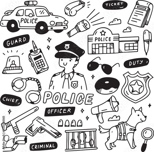Police and Crime Doodle Icon Set, Officer, Station, Thief, Car, Gun and Badge Sketch, Hand Drawn Vector,