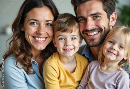 Mom and dad smile warmly, embracing their two young children. The family gathers in a cozy living room, filled with happiness and sunlight, enjoying quality time together Generative AI