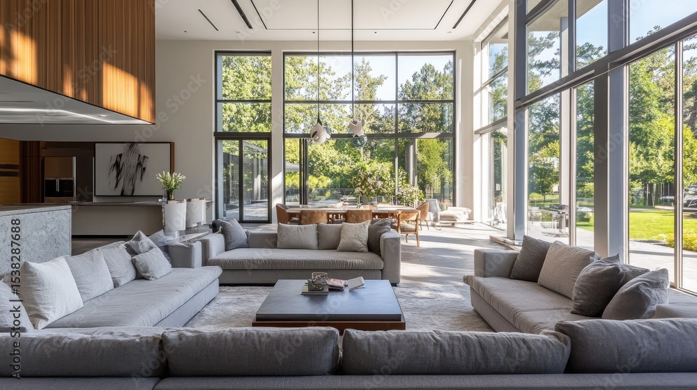 Obraz premium Cozy living room with gray sofas, table, and large window