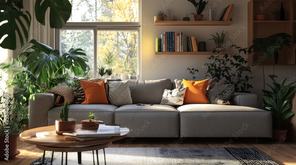 Fototapeta premium Elegant living room decor featuring cozy gray couch and lovely greenery