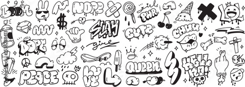 Cool Urban Street Doodle Art, Graffiti Style Cartoon Elements, Fun Hand Drawn Illustration Set, Youth Expression Vector Pack
